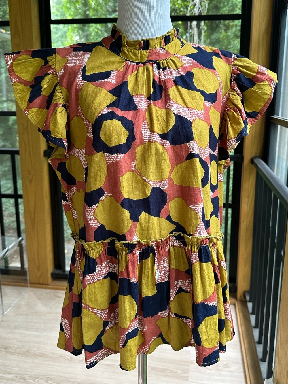 Modern Bohemian Whimsical Ruffled Artisan Spotted Cinched Waist Peplum Top ~ L - Picture 4 of 12